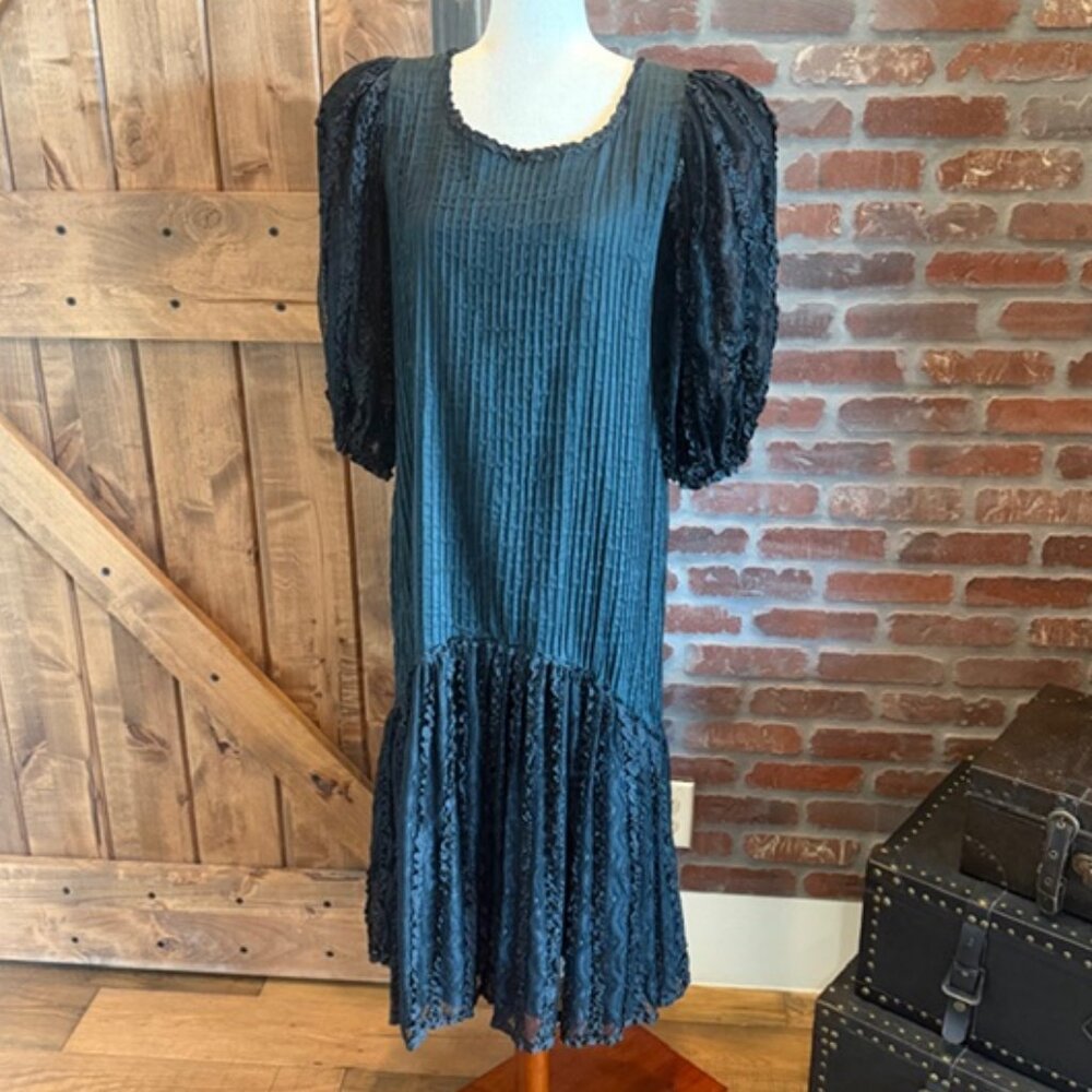 Vtg Salma Calle Black Pleated Lace Puff Sleeve Drop Waist Dress L | Boho Gothic